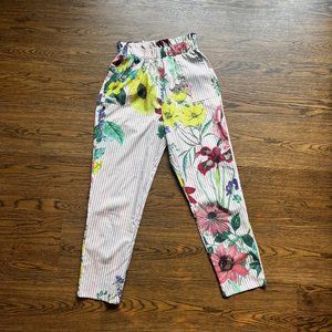 SHEIN Womens Paper Bag Silk Pants with Pin Strips and Flowers